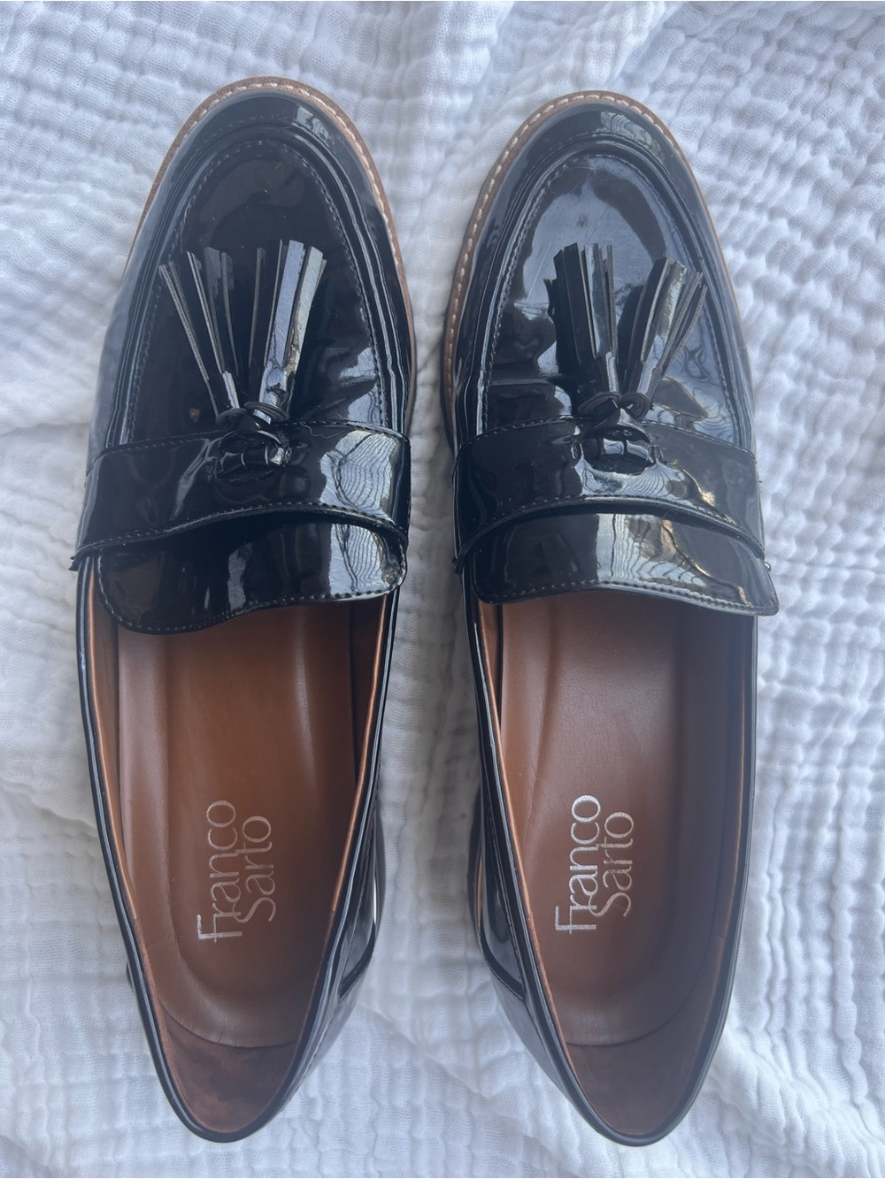 Franco Sarto Black Patent Leather Tassel Slip-On Loafers